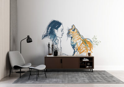 A mural of a cat in an office.
